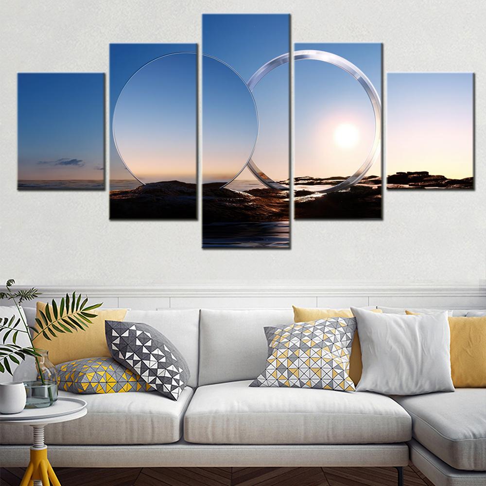 Landscape Canvas Wall Art Poster Painting Nature Mirrored Sunset Wallpaper Home Decor Artwork for Living Room Framework 5 Pieces No Frame