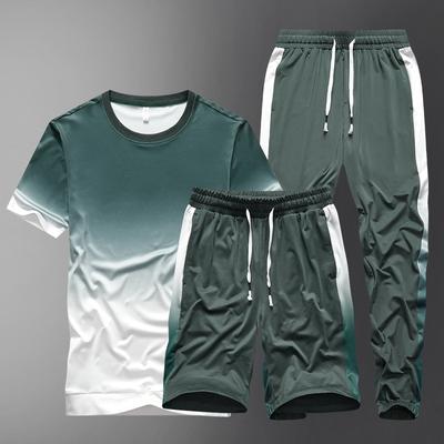Set sportivo casual con gradiente tie-dye per uomo, estivo, a maniche corte, in tre pezzi