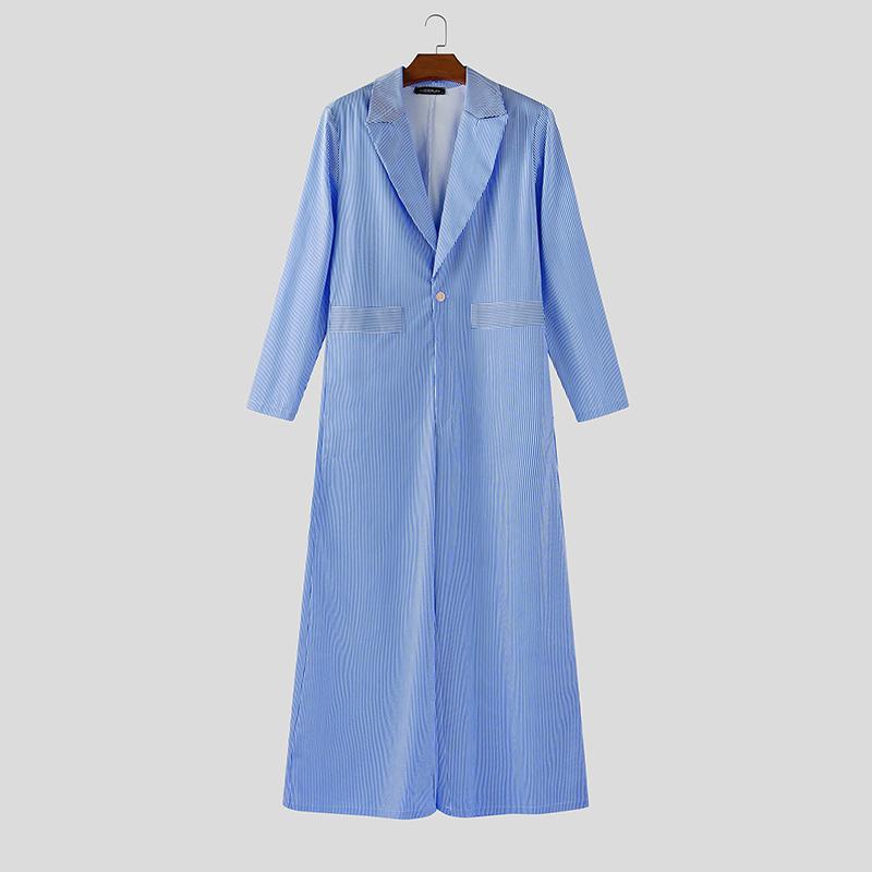 

INCERUN Plus Size Men Notched Lapel Deep V Neck Long Sleeve Striped Loose Long Rompers Jumpsuits M