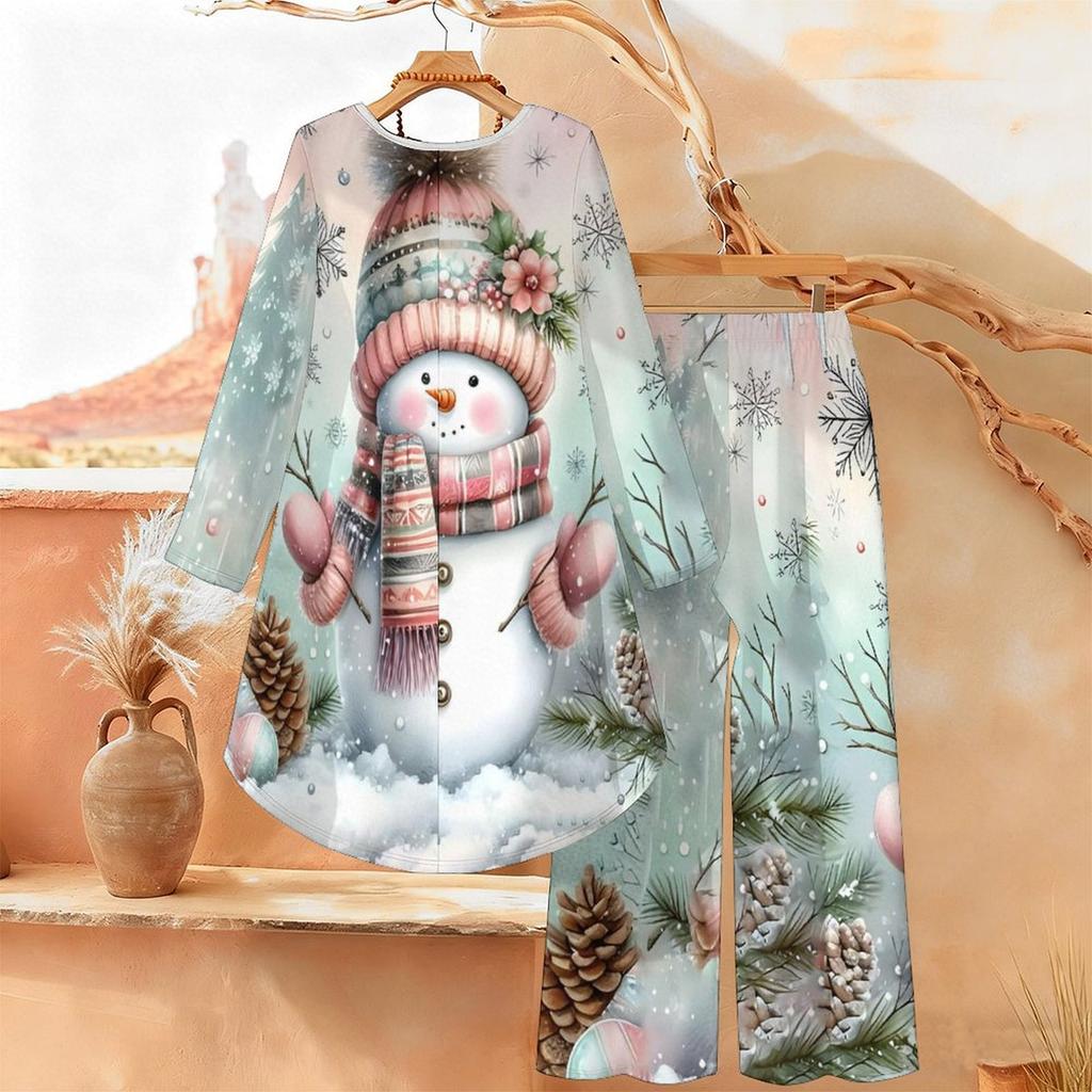Christmas Print Two Piece Outfit Women Long Sleeve Irregular Hem Tunic Top Wide Leg Pants Casual Matching Set