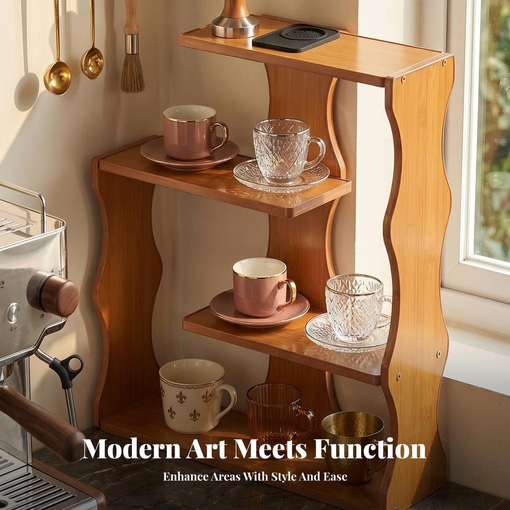 Tabletop Rack Curved Side Panel Wooden Tea Cup Warm Brown Finish Storage Stand