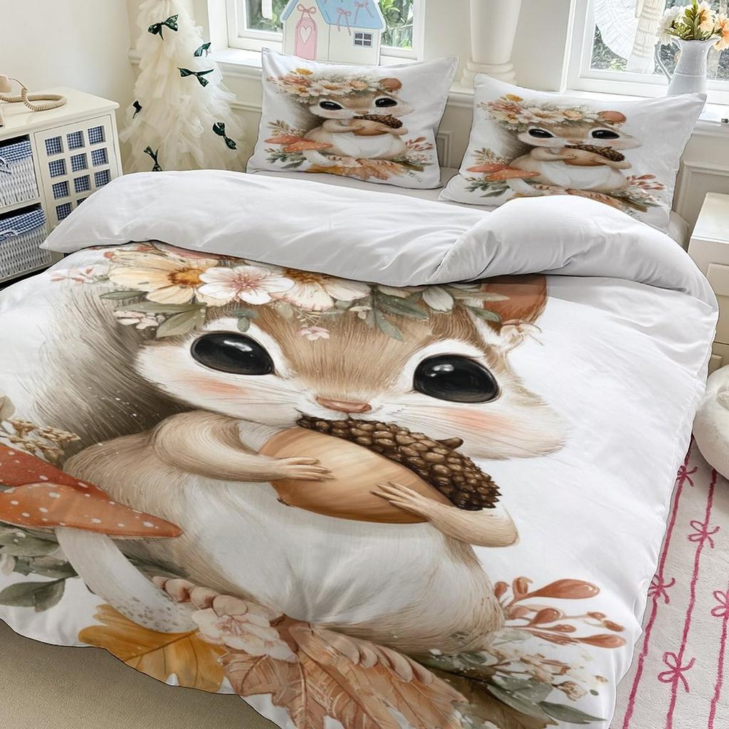Cute Squirrel Bedding Set Soft Polyester Duvet Cover Set Quilt Cover With Pillowcase For Bedroom Decor Birthday Gift For Girls