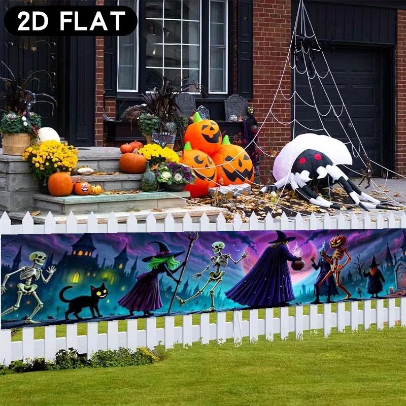Halloween Fence Party Pennant, Witches Skulls Jack-O'-Lanterns Black Cats Gothic Design, Polyester Outdoor Garden Decoration