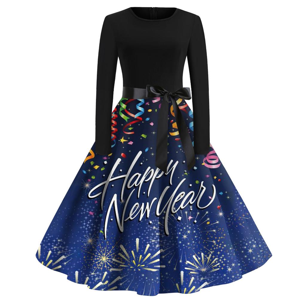 Dame Vintage Klassisk Kjole Langermet 2024 Nyttår Trykket Rund Hals Svingkjole