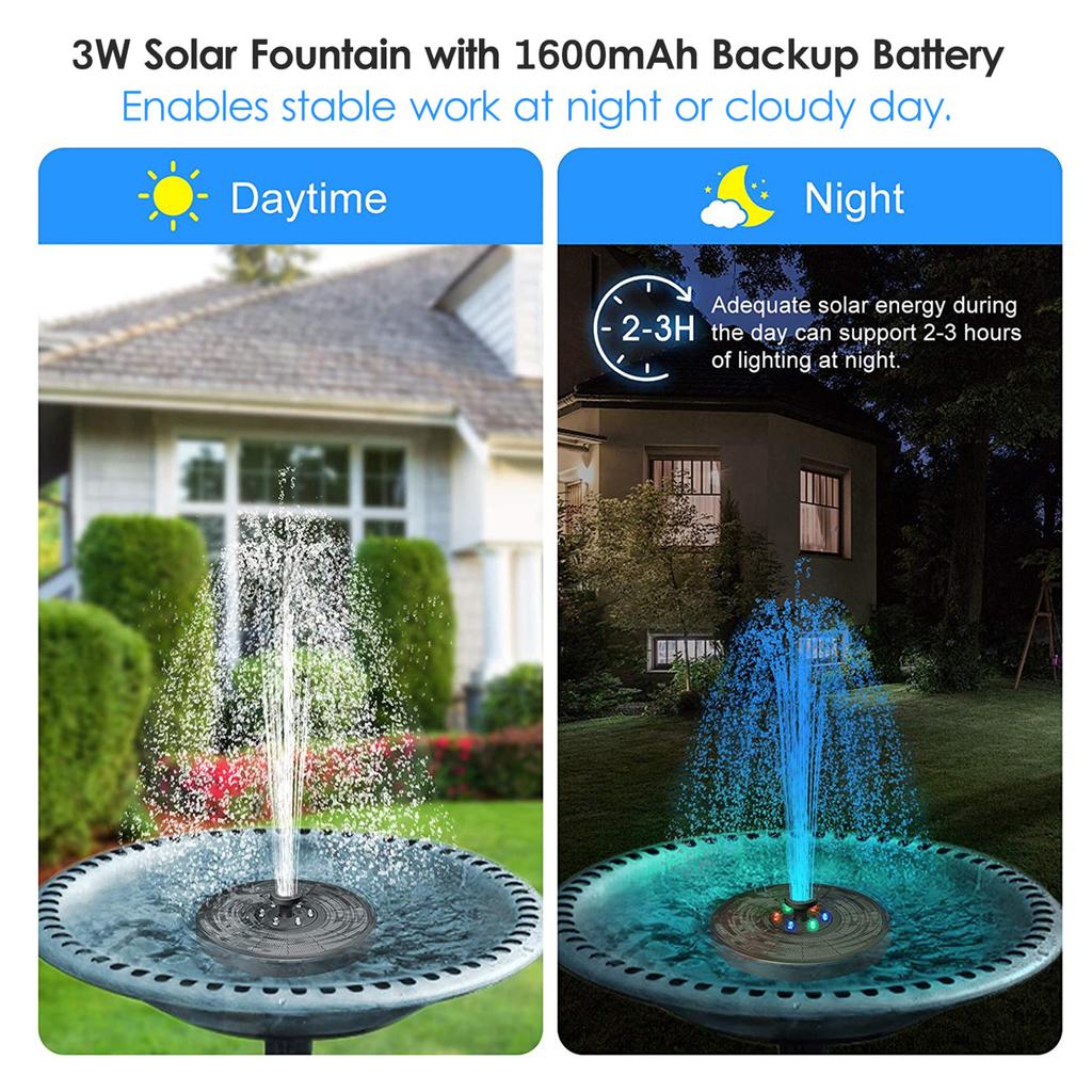 Fuente Solar con Luces Bomba de Fuente Solar de 3W 7 Patrones de Aspersión Altura 27.55 Pulgadas con Batería de Respaldo de 1600mAh para Bañera de Pájaros Lag