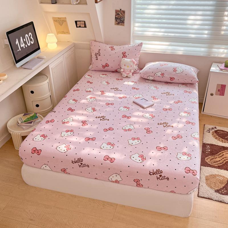 Sanrio Thick Warm Milk Velvet Fitted Sheet - Cute KT Cat, Kuromi & My Melody Design