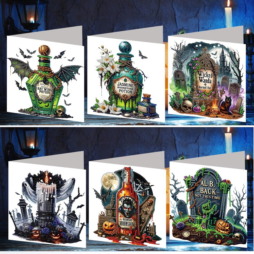 6PCS DIY Halloween Designs Diamond Art Greeting Cards for Halloween and Holidays