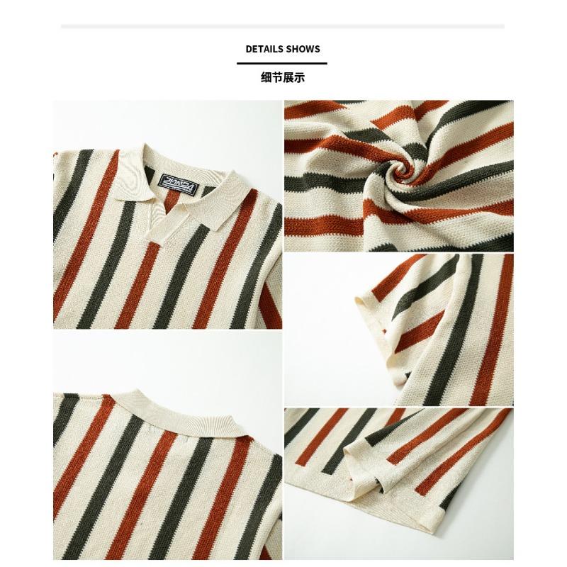 Men's Striped Knit Polo Shirt Casual Short Sleeve Textured Loose Fit Streetwear Top
