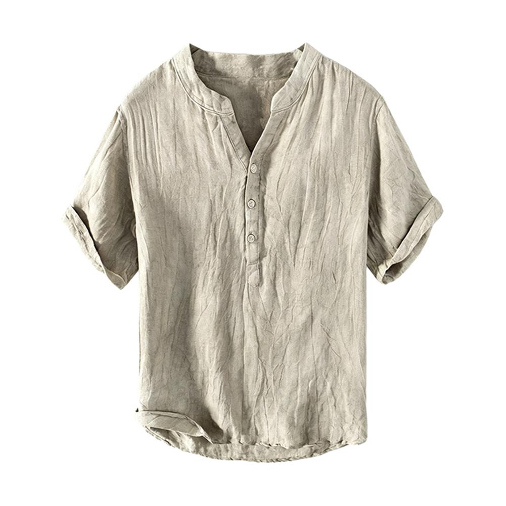 Camicia Casual Estiva da Uomo a Maniche Corte, Girocollo, Monocolore, in Cotone e Lino