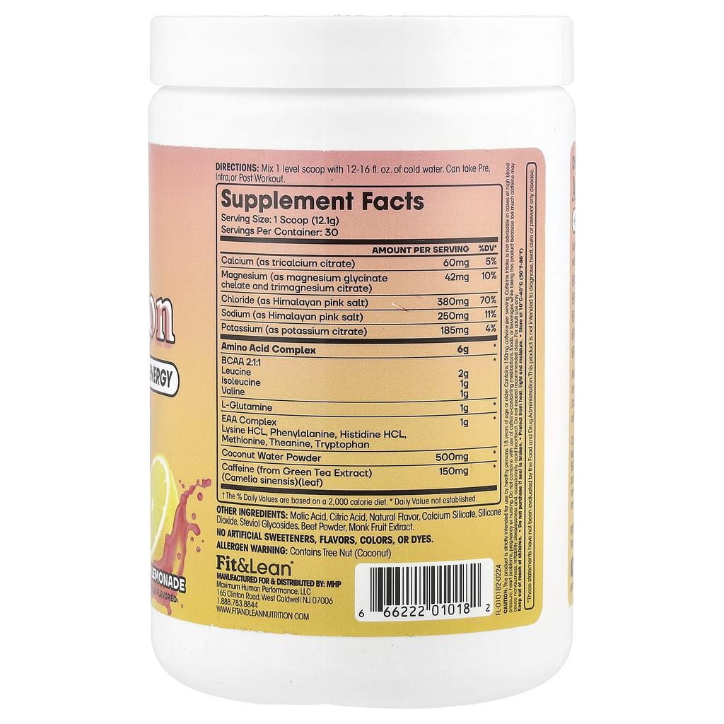 Fit & Lean, Amino Hydration + Energy, Pink Lemonade, 363G(12.8Oz)