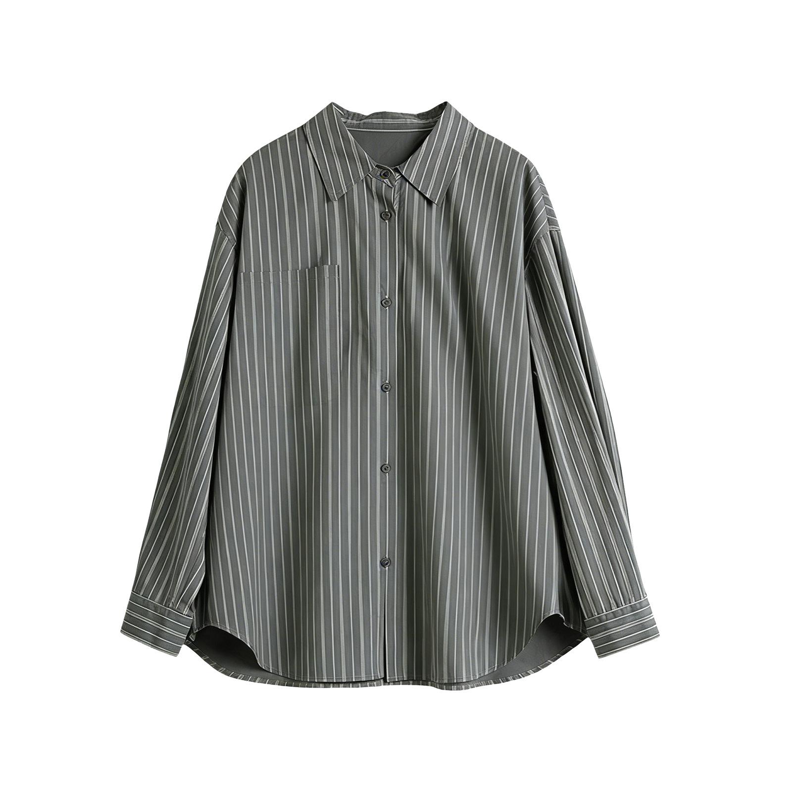 

2026 Spring Elegant Striped Women s Long-Sleeve Square Neck Cotton Shirt - Retro Hong Kong Style Large