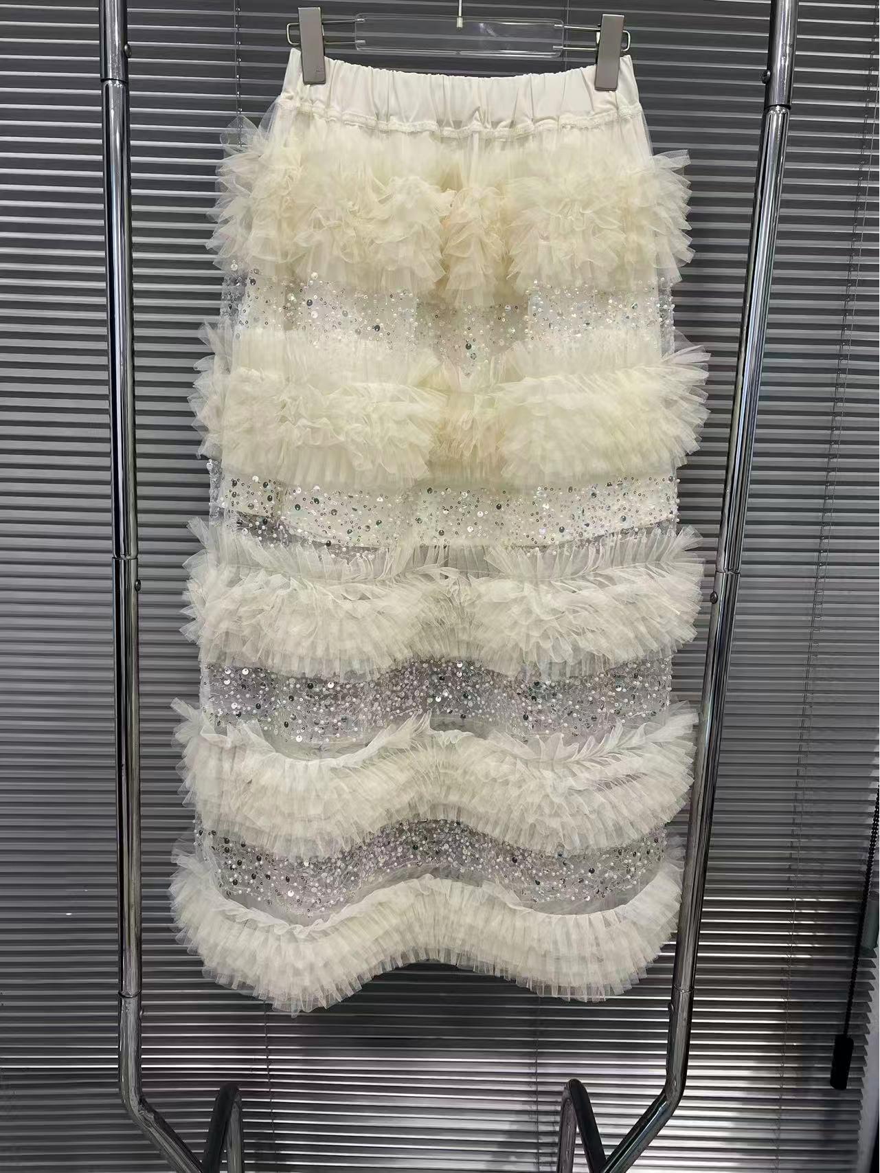 

2025 A/W Sequin Layered Lace High-Waisted A-Line Skirt One Size слоновая кость/белый