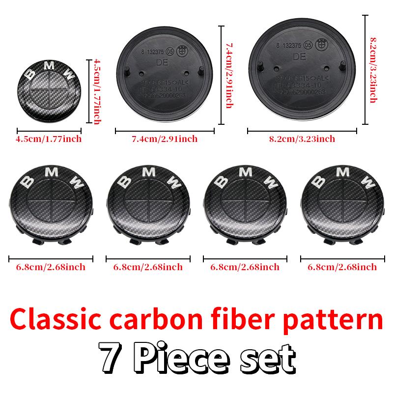 For BMW E46 82mm Hood F10 74mm Trunk Emblem 7Pcs Full Black Carbon Fiber Badge Set E90 68mm Wheel F30 Steering G20 X5 M4 Auto