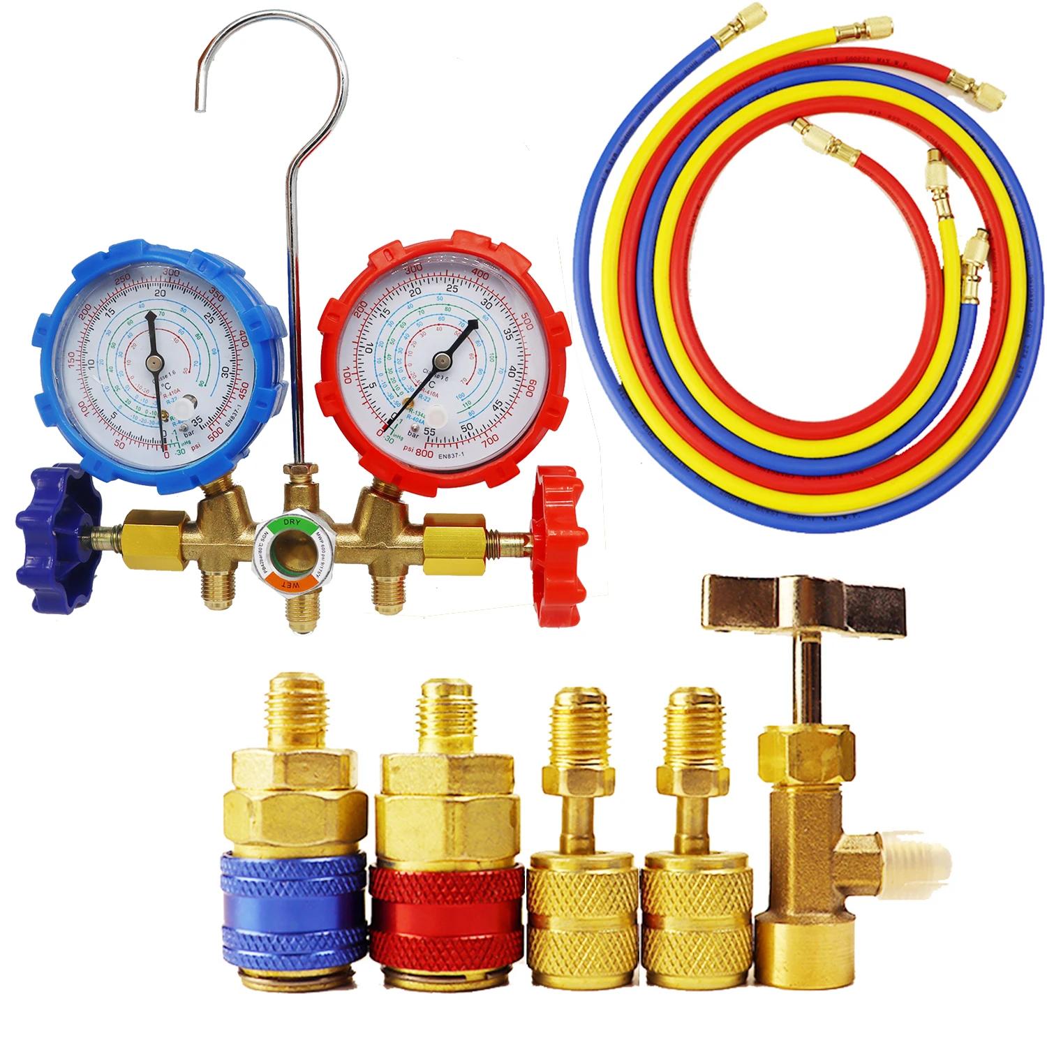 

AC Manifold Gauge Set for R134a R410A R22 3 Way Antishock Gauges Hoses Couplers Adapter Puncturing Can Tap Freon Recharge Kit