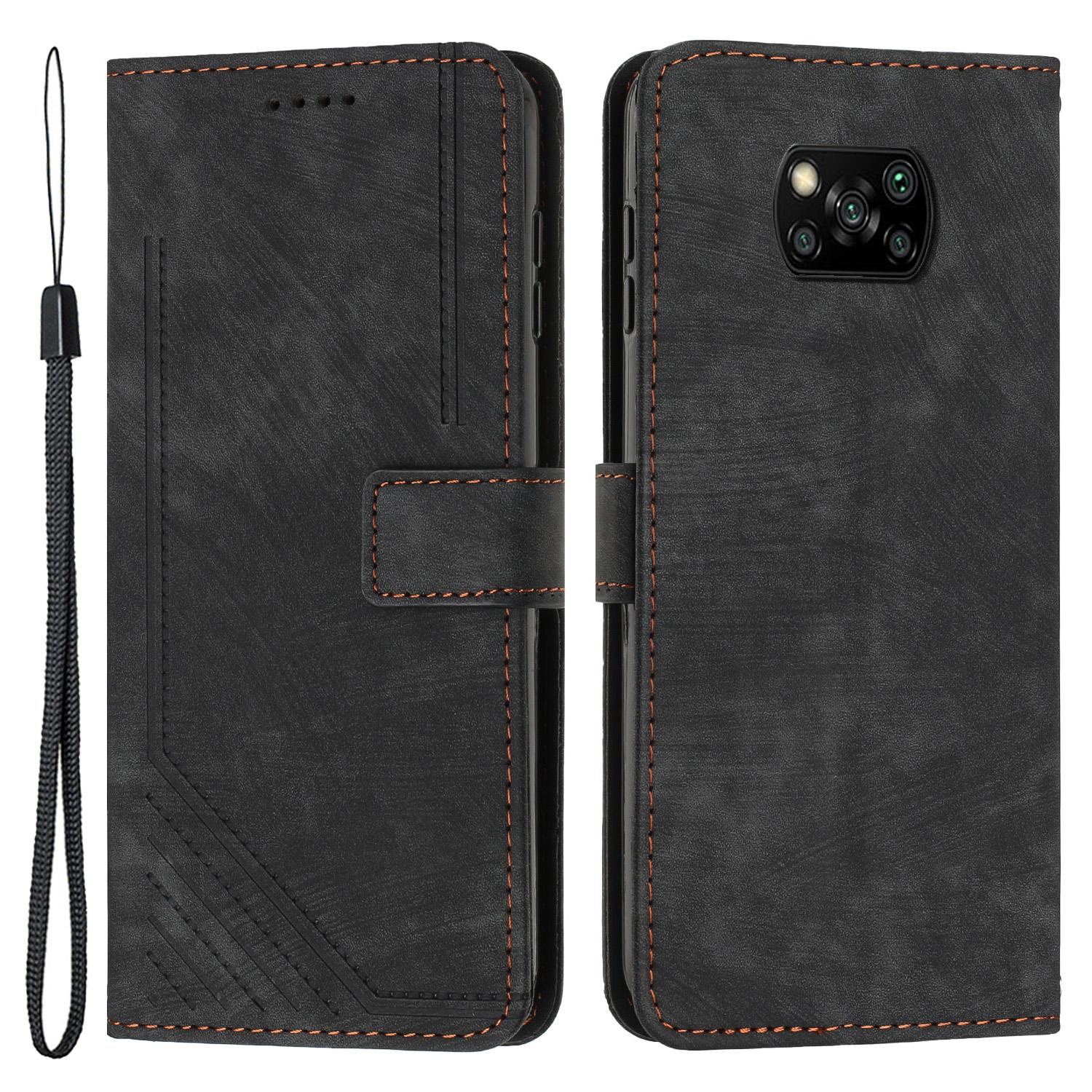 

Для Xiaomi Poco X3 NFC/X3/X3 Pro Чехол для телефона с тиснением линий, имитирующий кожу, откидная подставка, кожаный чехол-кошелек Black