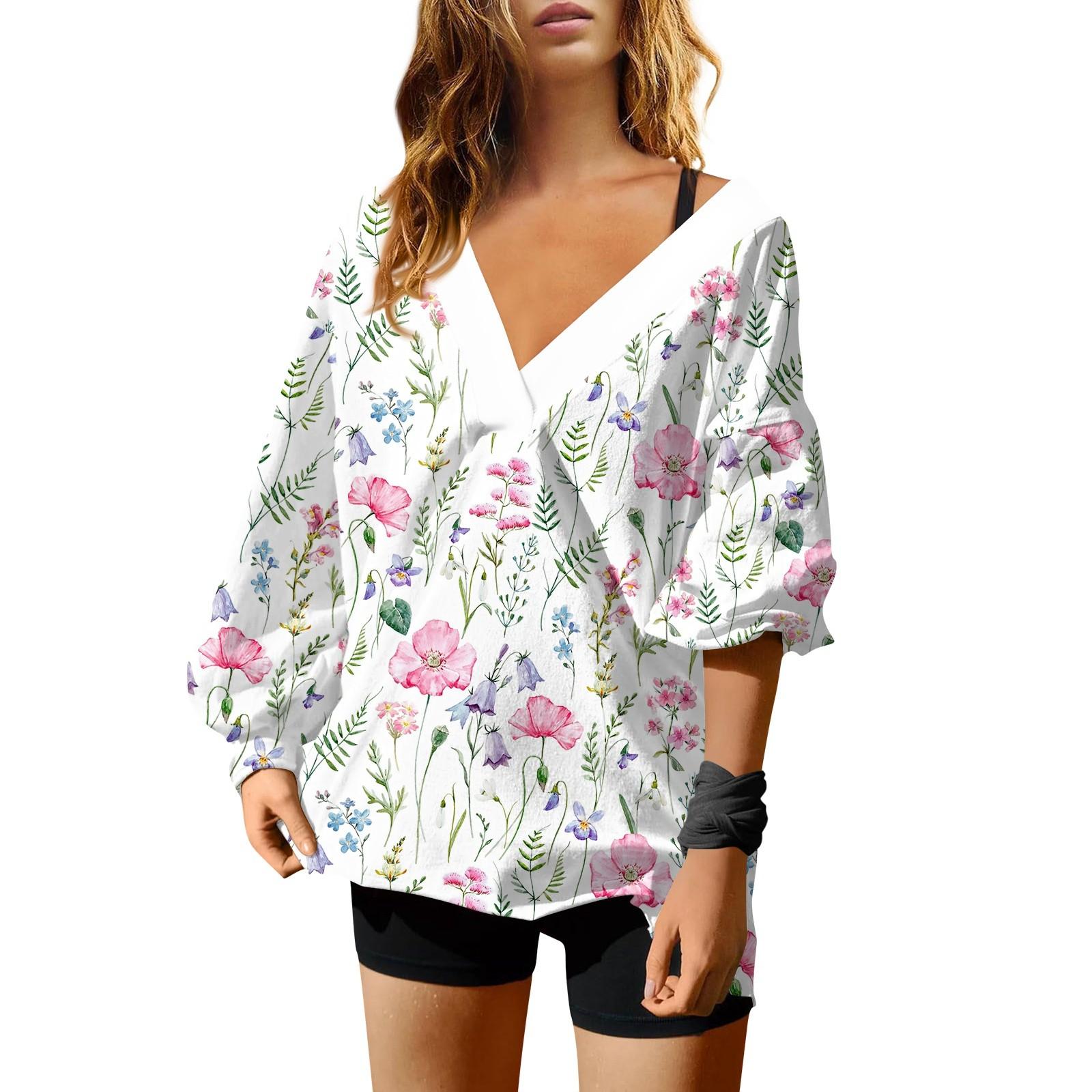 Женская мода V-образный вырез длинный рукав принтованный свободный пуловер свитшот топ — фото 14