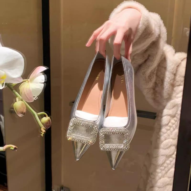 Sheepskin version~ Sparkling rhinestone square buckle pointed head versatile leather shallow mouth flat sole shoes women's ladyshoes
