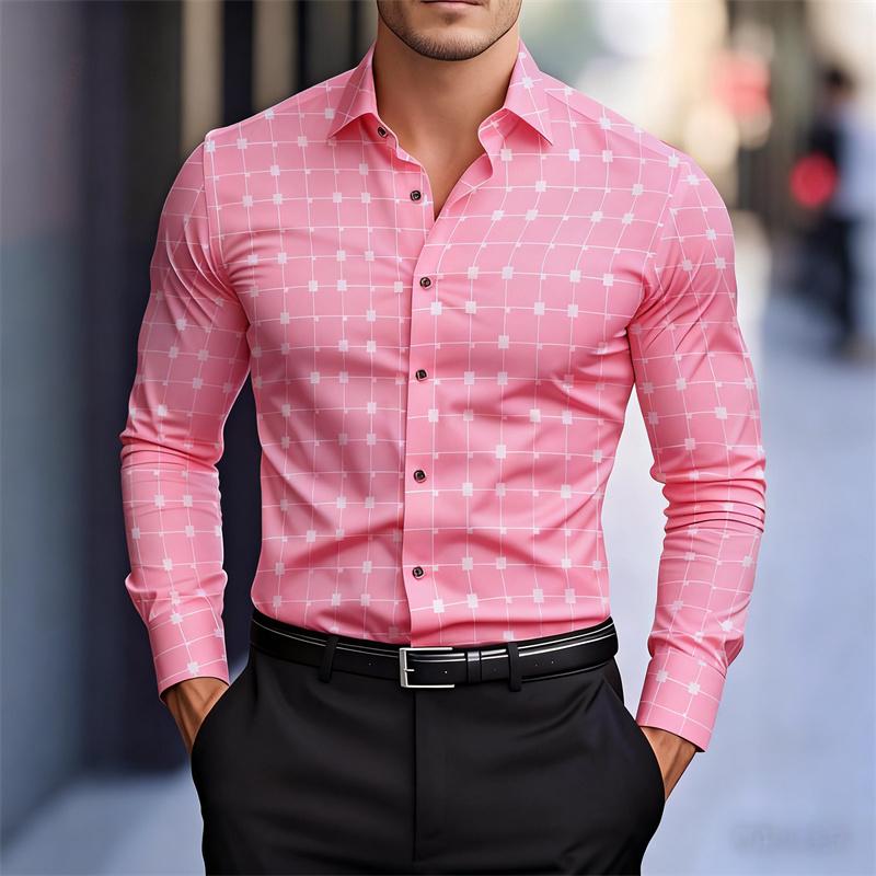 Men's Stylish Geometric Square Print Long-sleeved Shirt, Slim Fit Business Casual Shirt