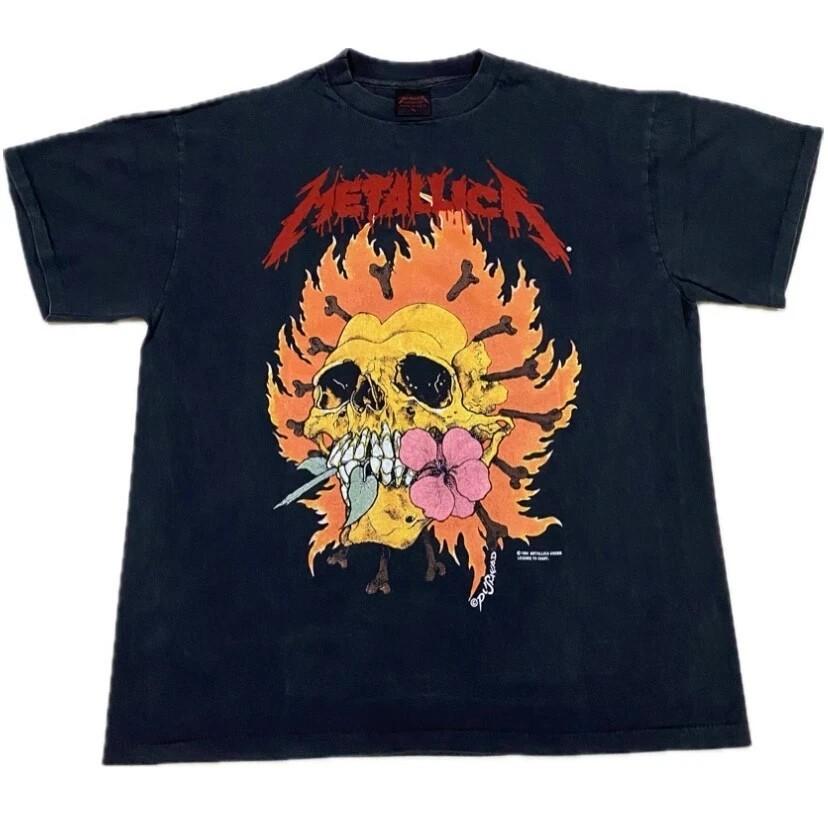 Vintage 1994 Metallica Pushead Flaming Skull Flower Heart Band Shirt Reprint Unisex T-Shirt XL