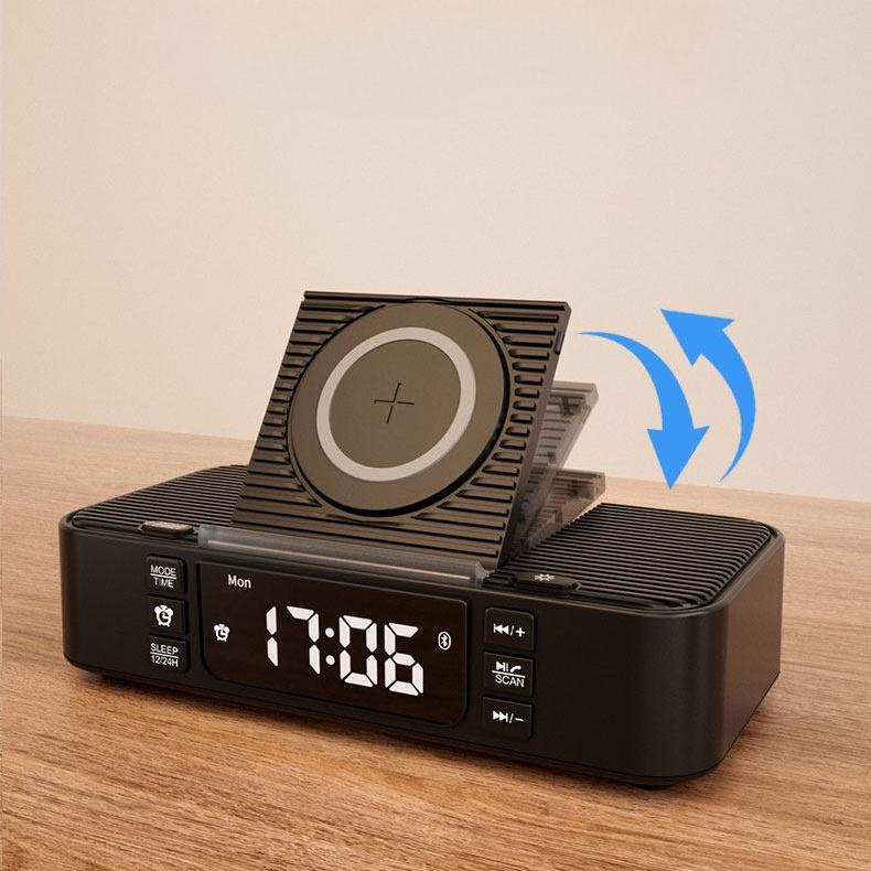 Wireless Charging Bluetooth Speaker Clock FM Radio Night Light Electric Dual Speaker Loud Alarm Clock USB and Type-C port Charing for phone