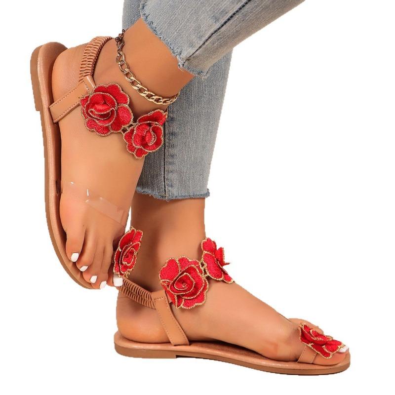 Women's Toe-Post Gladiator Sandals - Bohemian Flat Beach Sandals with Floral Design, Breathable Open-Toe Casual Strappy Shoes for Outdoor