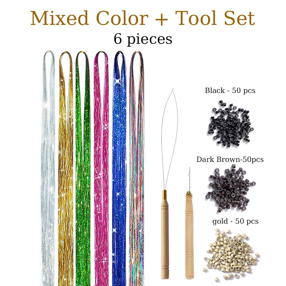 48 Inch Synthetic Hair Tinsel Kit With Tool 1200 strands Tinsel Hair Extensions 12 Colors Fairy Hair Tinsel Sparkling Shiny Hair