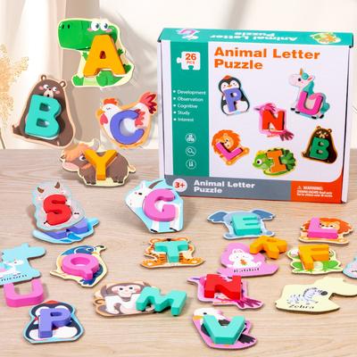 Tierisches Zuordnungs-Puzzle aus Holz mit 26 Buchstaben, Hand-Auge-Koordination für Kleinkinder, Übungspuzzle zur frühen Bildung, kognitives Bausteinspielzeug