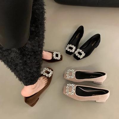 Fashion 2024 Autumn New Square Toe Thick Heel Fashion Rhinestone Women's Single Shoes Ladies Shallow Mouth Mary Jane Shoes Female Pumps