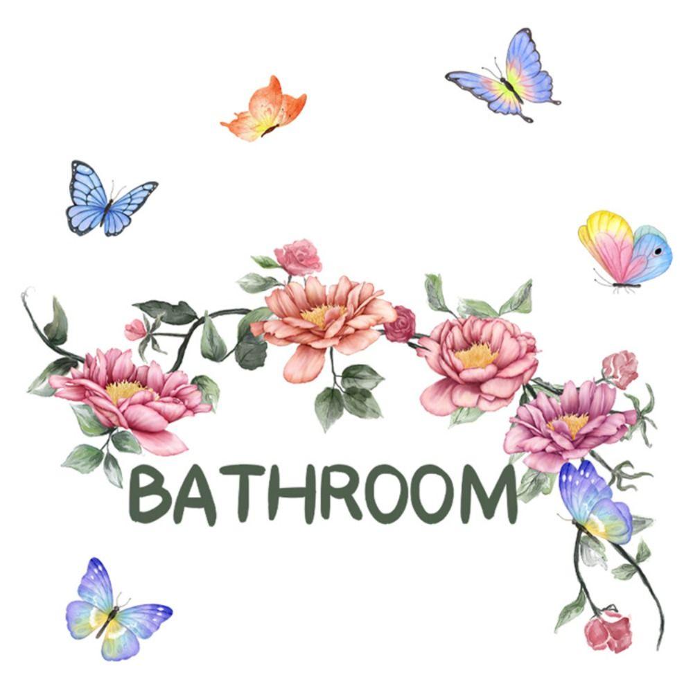 Self-adhesive Bathroom Sticker English Butterfly Flower Sticker Beautiful   Toilet