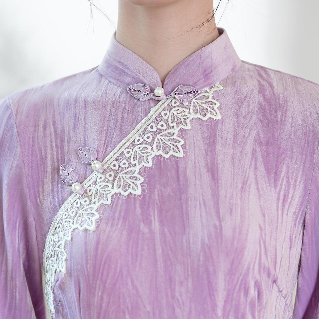 Youthful Purple Cheongsam: New 2025 Autumn/Winter Long Sleeve Chinese Style Dress