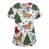Women's Christmas Print Short Sleeve V-Neck Loose Fit Caregiver Uniform with Pockets
