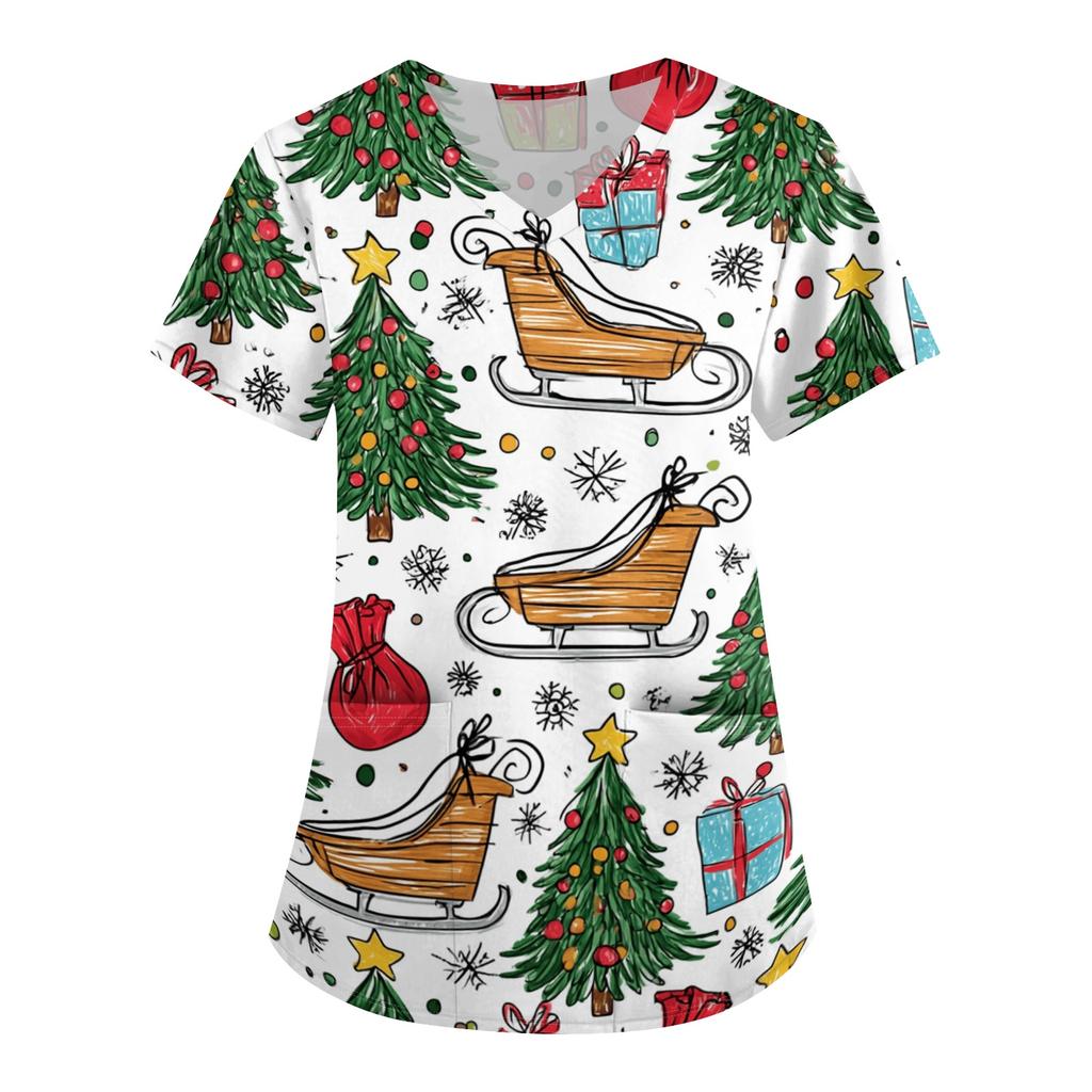 Women's Christmas Print Short Sleeve V-Neck Loose Fit Caregiver Uniform with Pockets