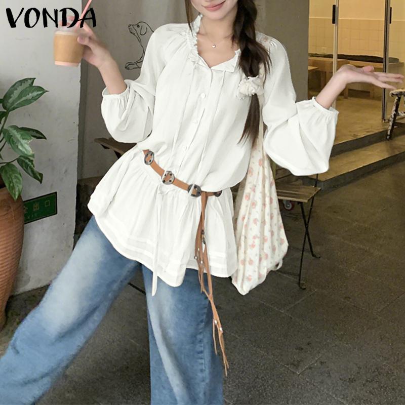 VONDA Women Casual Stand Collar Solid Color Long Sleeve Drawstring Waist Blouse Shirts
