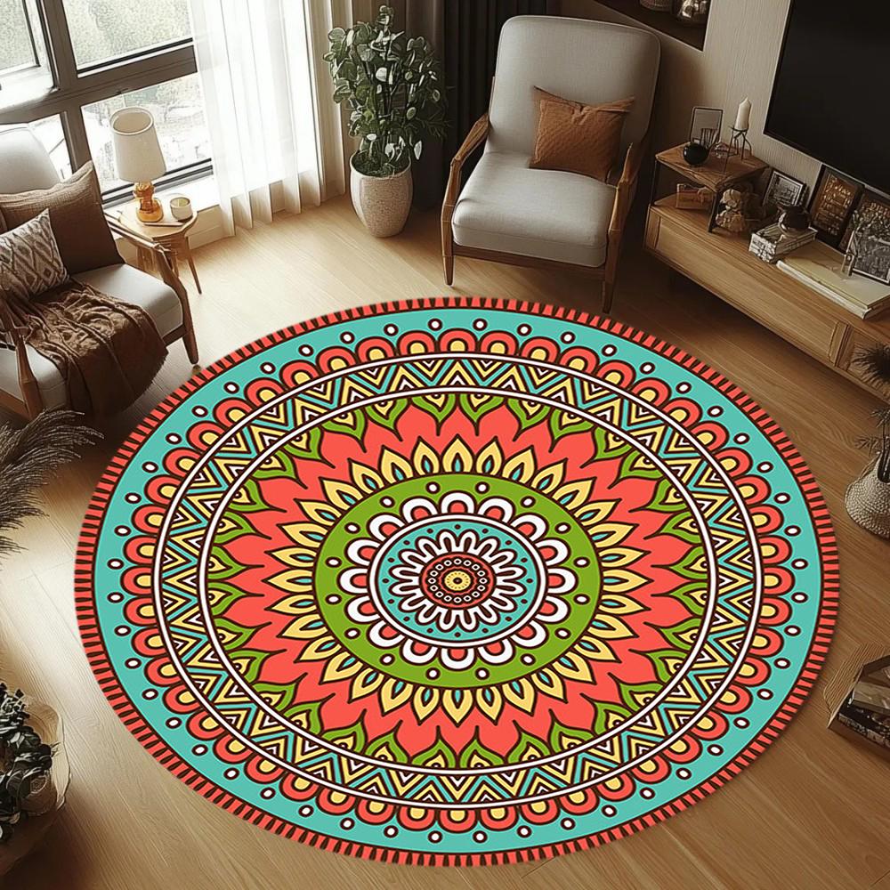 Bohemian Ethnic Style Round Rug Vibrant Geometric Floral Pattern Carpet Soft Non-Slip Circle Mat for Living Room Bedroom