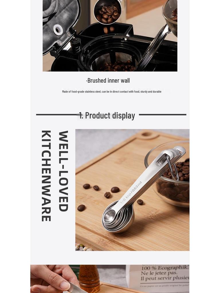 304 Stainless Steel One-Piece Round Handle Measuring Spoon Set with Hook Scale for Baking and Coffee