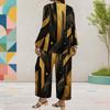 Women Plus Size Black Gold Silver Printed Round Neck Long Sleeve Top Wide Leg Pants Two Piece Set
