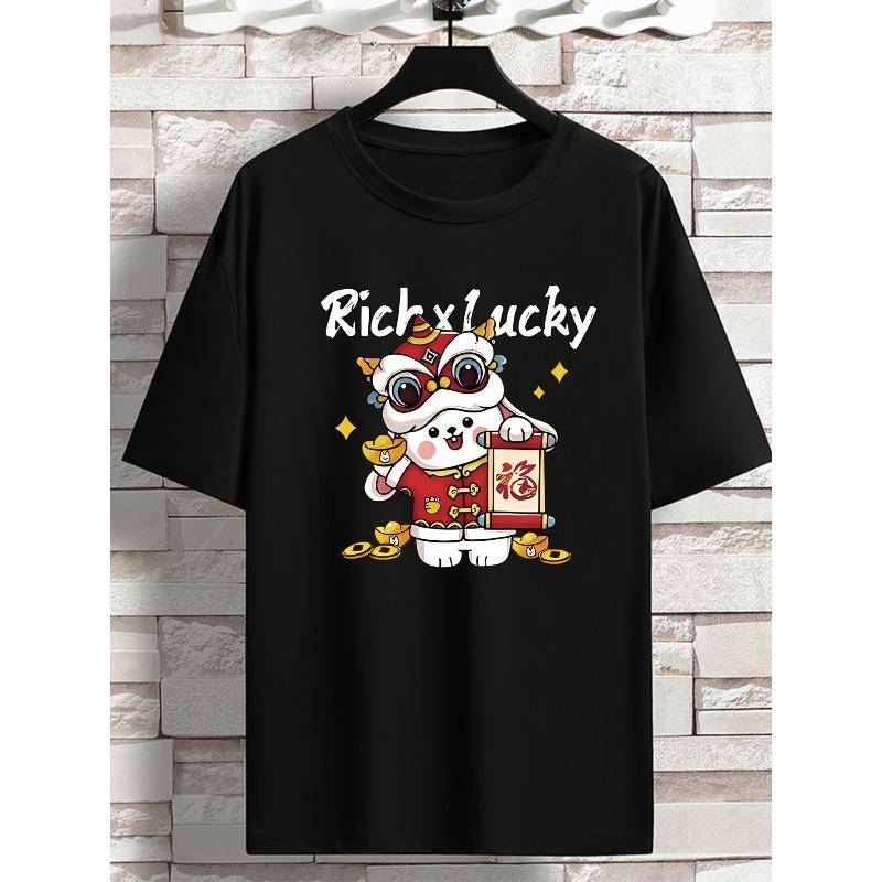 

European sizes Men s RICK LUCKY Rabbit Zodiac Chinese New Year Print T-shirt, Oversized Short Sleeve Crew Neck Tops, Plus Size Casual Clothing XL чорний