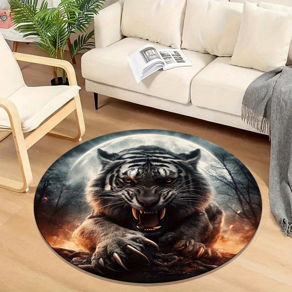 1pc Soft Tiger Round Area Rug - Non-slip, Washable Polyester Area Rug for Living Room, Bedroom, Kitchen and Bathroom