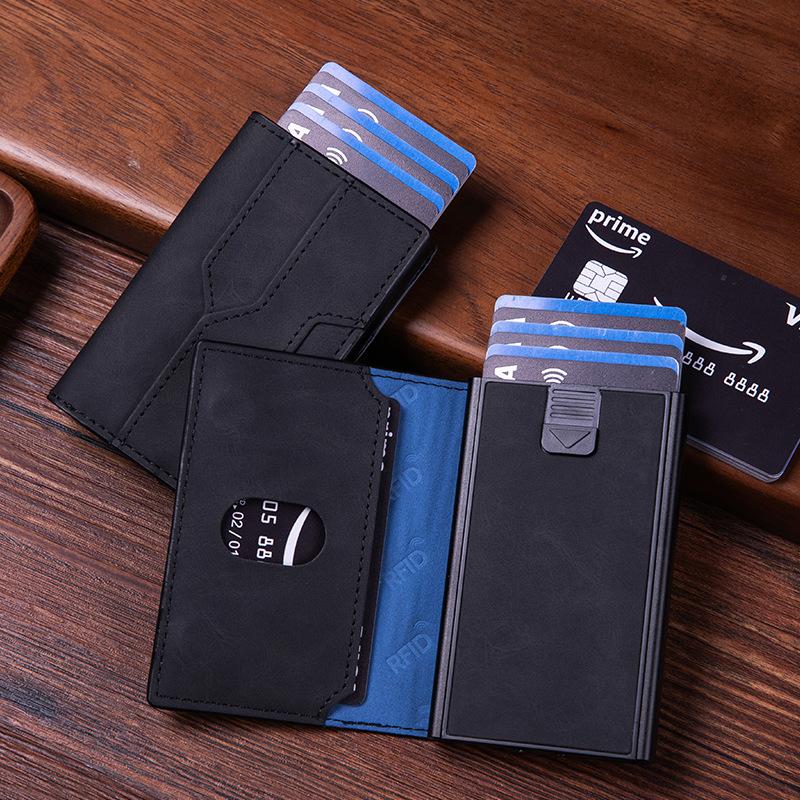 Luxury Men RFID Blocking Card Holder Smart Wallet Carbon Fiber Minimalist Bifold Pop Up Aluminum Credit Card Case with ID Window