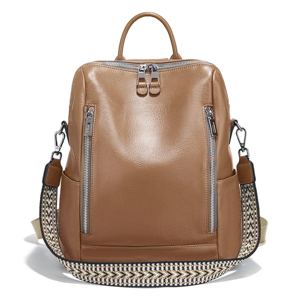 Zency Fashion Genuine Leather Backpack Multi-pocket Design Travel Convertible Shoulder Bag
