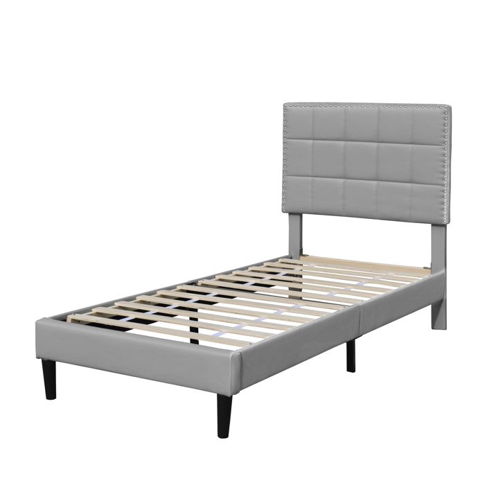 Lit Riley Gris pour Matelas 90x200 - Sommier Tte de Lit Capitonne Pieds en 16 cm - Solide en placage MDF