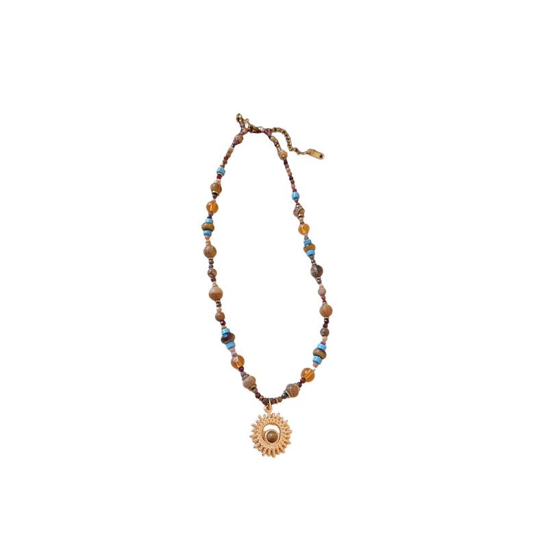 Titanium Steel Sun Necklace with Natural Stone Rice Beads - Retro Ethnic Clavicle Chain, Light Luxury Fashion Accessory