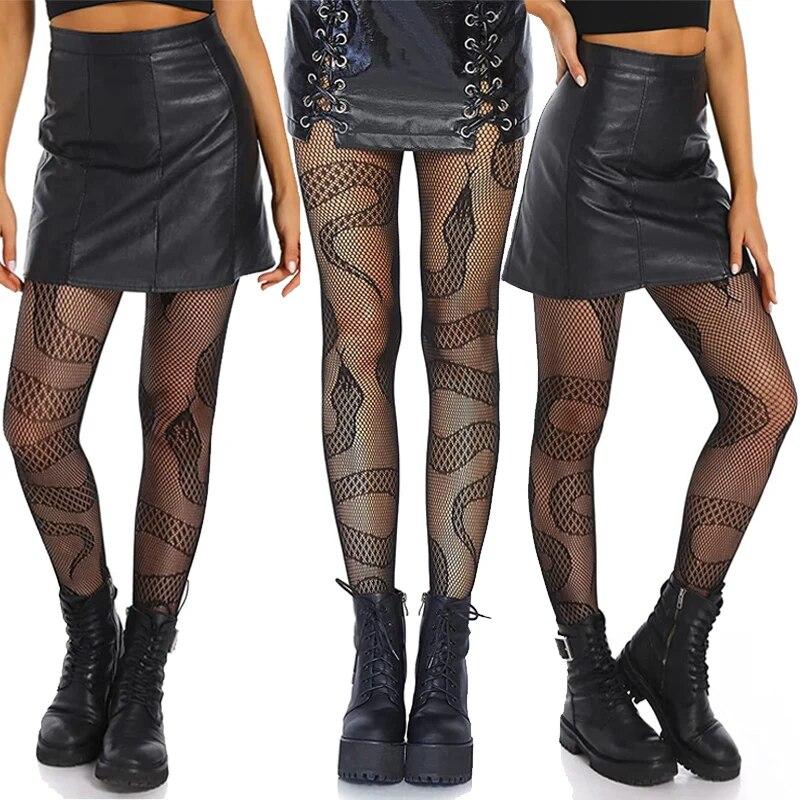 

Колготки со змеей, женские чулки, сексуальные ажурные колготки в стиле панк, Harajuku, жаккардовые чулки со злой змеей, черные сетчатые носки, леггинсы