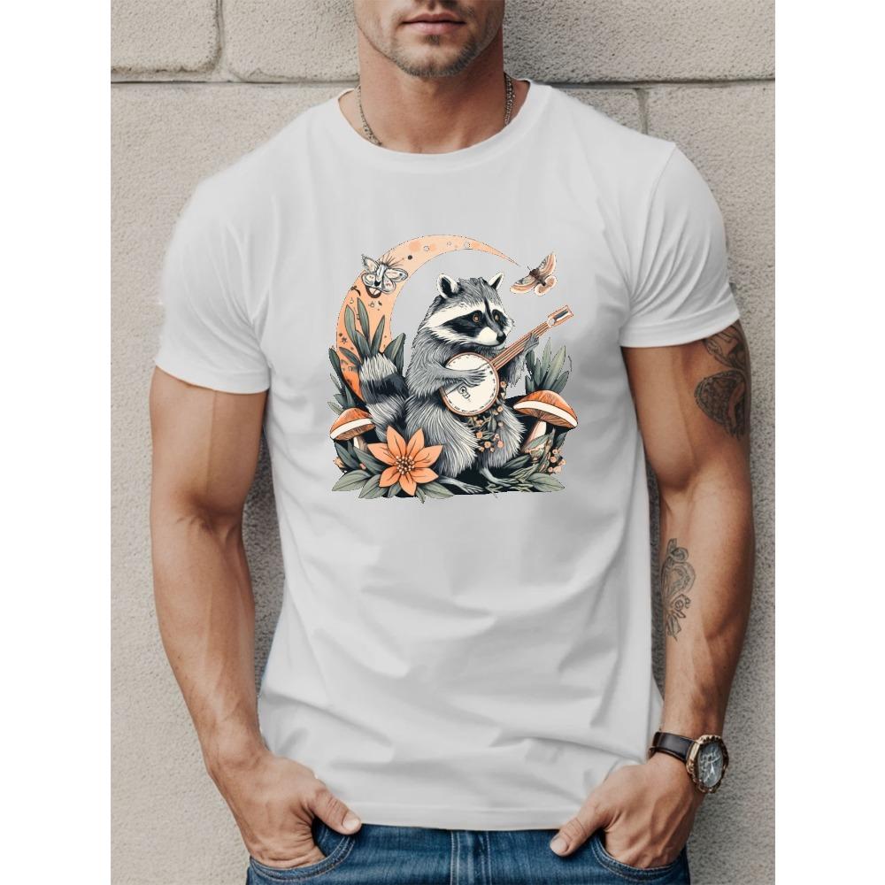 European Sizes Raccoon Print T Shirt, Tees for Men, Casual Short Sleeve T-shirt for Summer