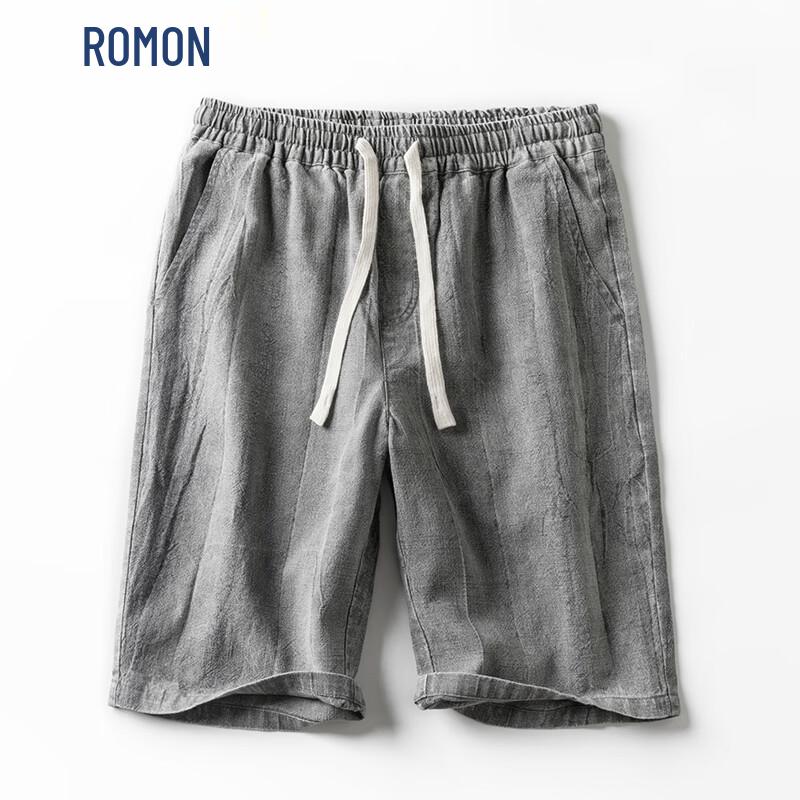 ROMON Men s Summer Ramie Blend Casual Drawstring Shorts L