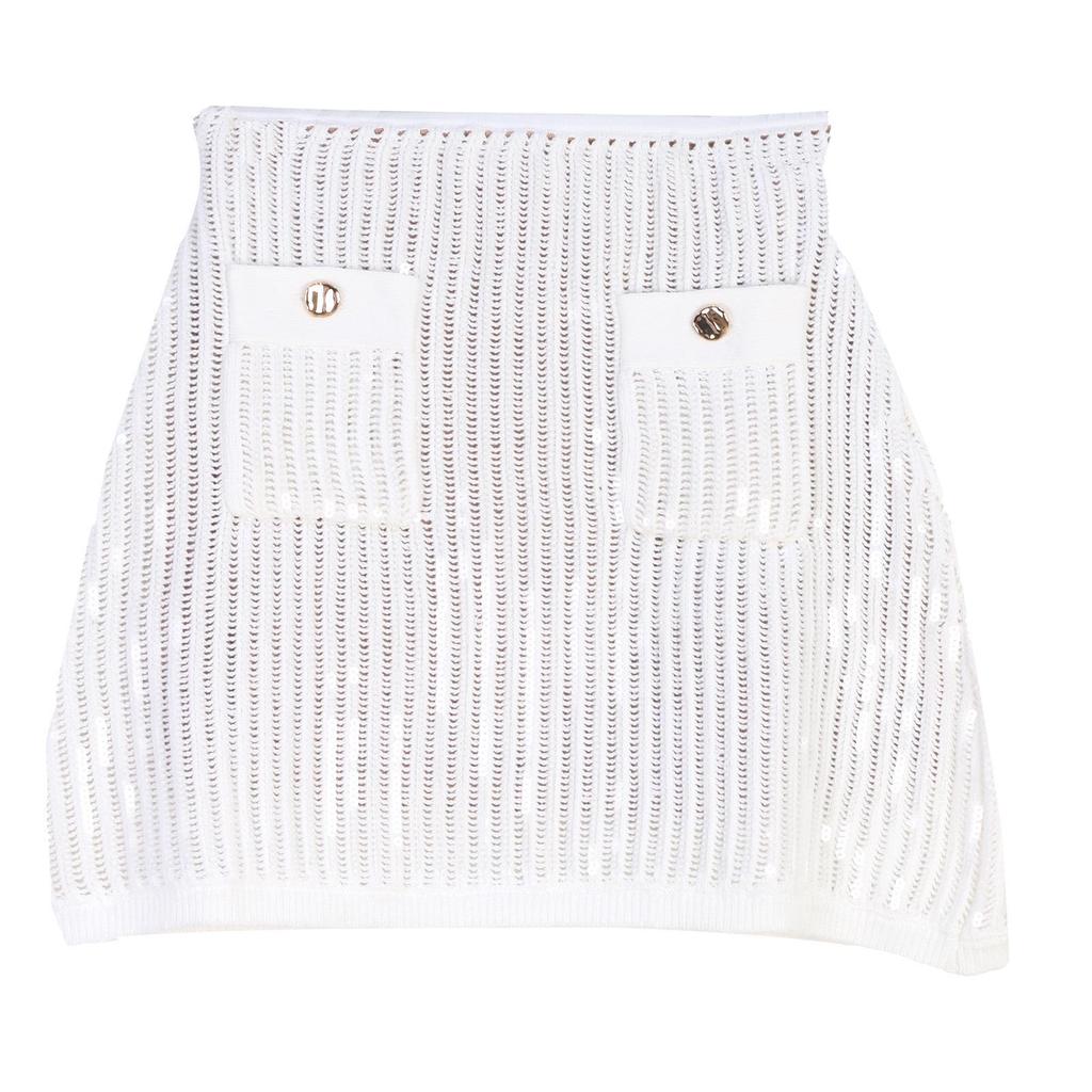 Women's French Sequin Lapel Cardigan & A-line Skirt Set with Metal Buckle and Hollowed Short Sleeves