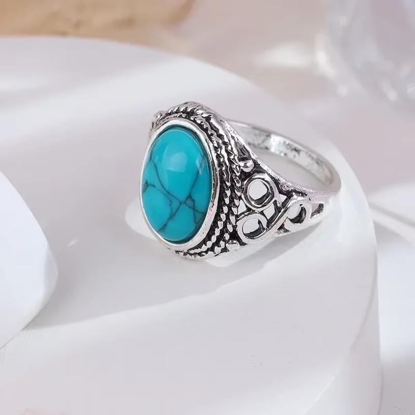 Retro Elegant Natural Turquoise Ring For Women Fashion Wedding Engagement Birthday Party Anniversary Commemorative Jewelry Gift