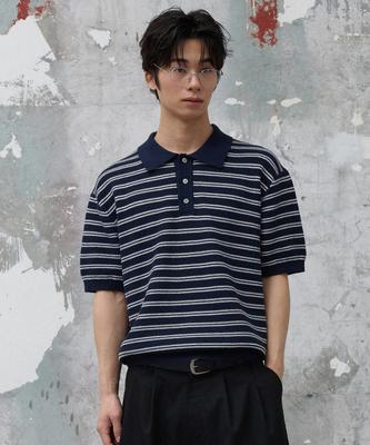 AGOD Collar Button Stripe Half Knit [Navy]