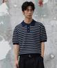 AGOD Collar Button Stripe Half Knit [Navy]