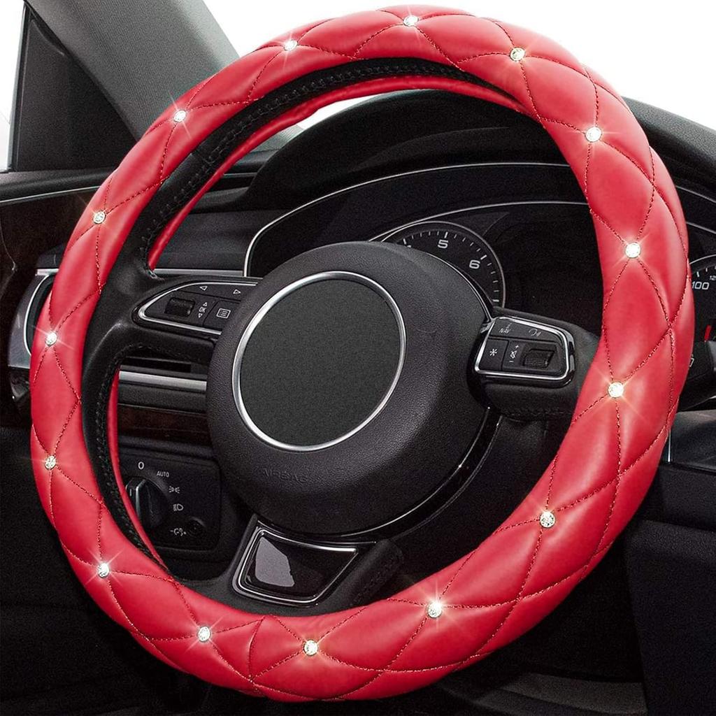 Xizopucy Red Steering Wheel Cover, Leather Car Steering Wheel Cover, Crystal Rhinestones Anti-Slip Soft Accessories For Women And Girl Universal Fit